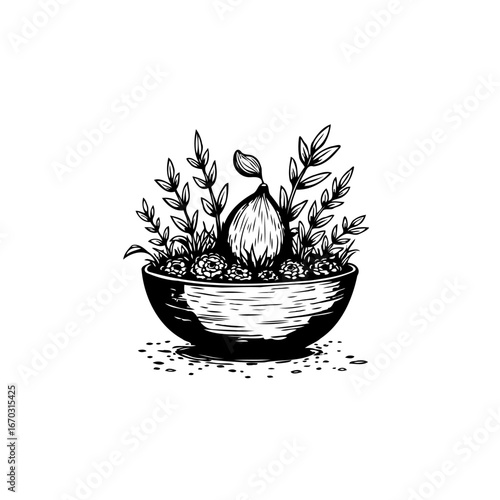 Detailed black and white botanical illustration of a potted plant with various leaves and foliage
