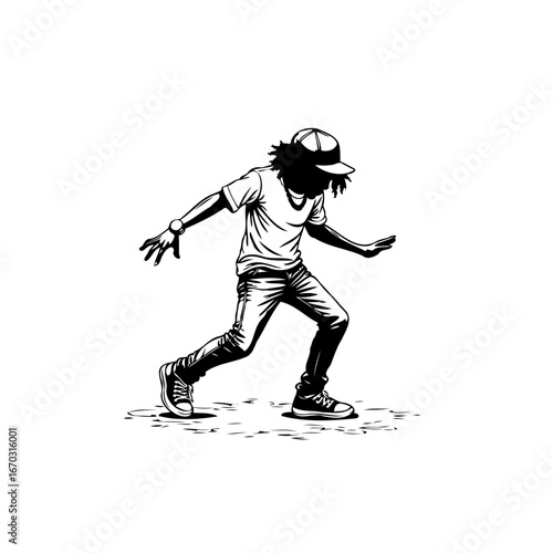 Dynamic monochrome illustration: A young person striking a bold pose, showcasing casual