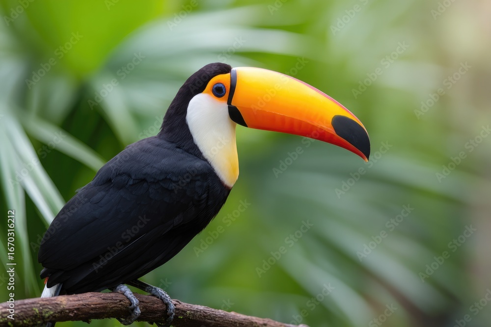 Colorful toucan perched gracefully on branch, surrounded by lush Colorful toucan perched gracefully on branch, surrounded by lush