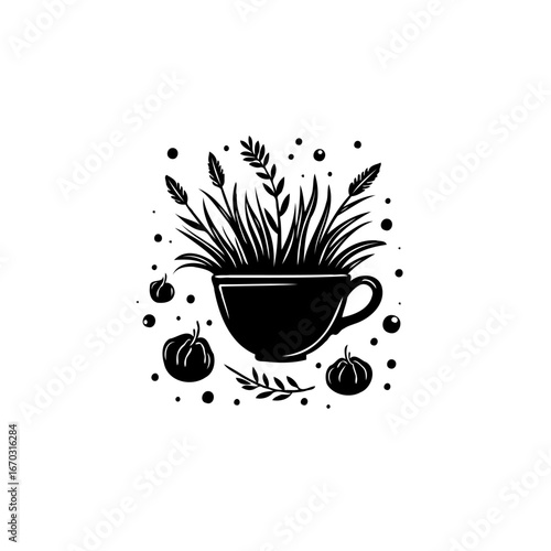 Elegant botanical arrangement within a teacup displaying ornamental gourds and delicate floral