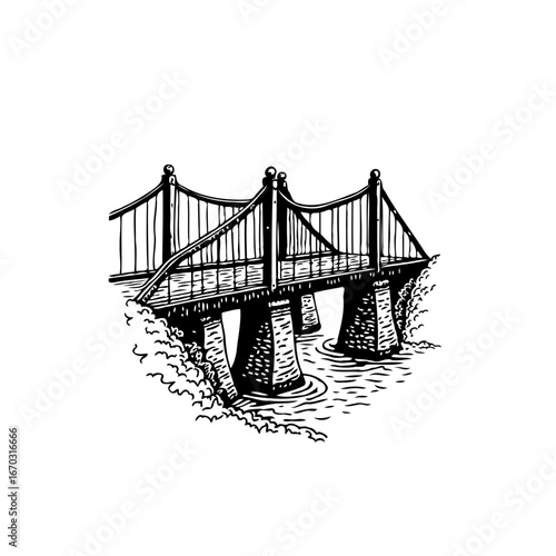 Elegantly sketched suspension bridge illustration showcasing architectural grace spanning serene