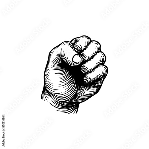 Engraved hand clenched in determined fist evoking strength resilience and solidarity illustrated