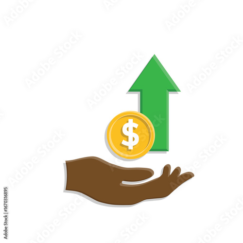 Money icon. Currency increase. Hand with dollar coin and up arrow. paying, economy, money. Isometric design style.