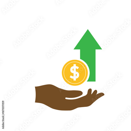 Money icon. Currency increase. Hand with dollar coin and up arrow. paying, economy, money. Flat design style.