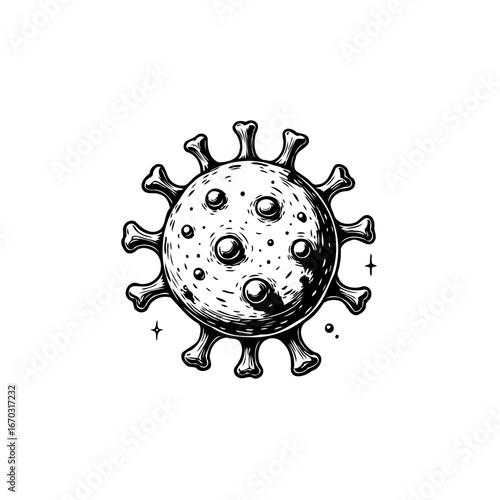 Hand drawn depiction of a single microscopic particle illustrating infectious disease and cellular