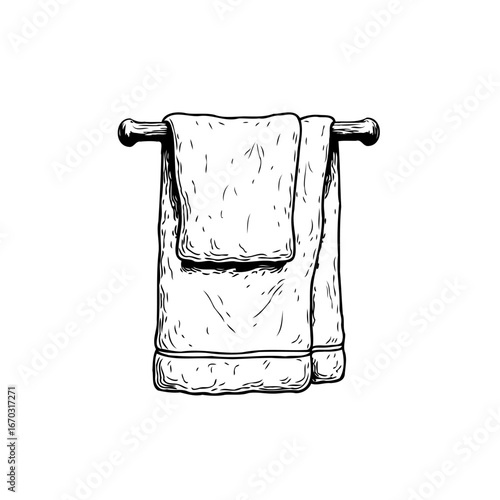 Hand drawn sketch of two fluffy towels hanging on a wooden rail presents cleanliness and hygiene