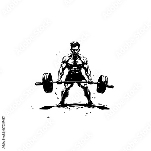 Illustration of a focused strong man lifting barbell showing muscular physique in monochrome