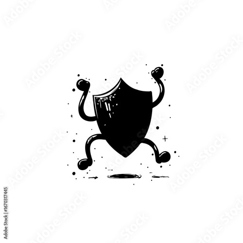Illustrative black shield figure character with jubilant pose and motion effect representing