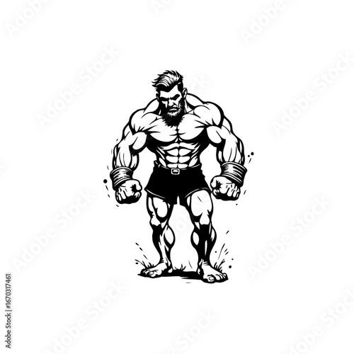Illustrative depiction of a muscular male figure with prominent features and strong physique