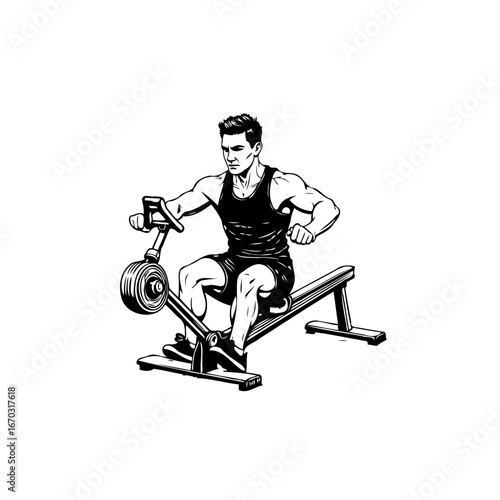 Intense cardio fitness routine: Muscular athlete engages in rowing machine workout for optimal
