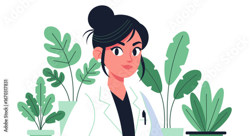 Flat Style Detailed Illustration of a Female Doctor with Indoor Plants