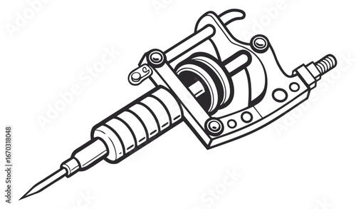 standing Retro tattoo machine emblem design. Authentic instrument with needle and ink, artist tool, equipment  Tattoo studio concept for symbols and emblems templates 
