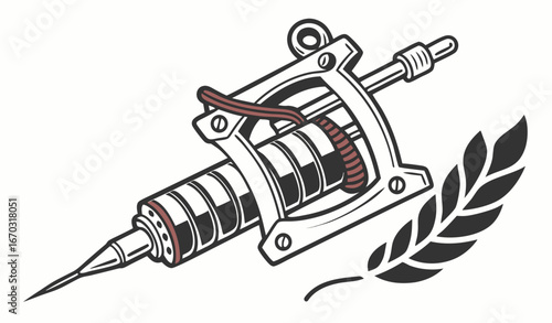 standing Retro tattoo machine emblem design. Authentic instrument with needle and ink, artist tool, equipment  Tattoo studio concept for symbols and emblems templates 