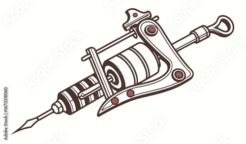 standing Retro tattoo machine emblem design. Authentic instrument with needle and ink, artist tool, equipment  Tattoo studio concept for symbols and emblems templates 