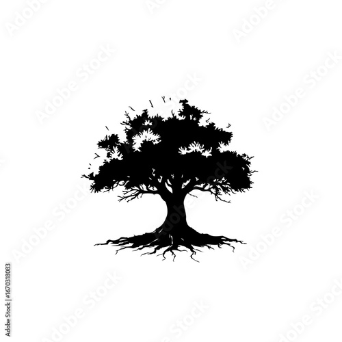 Majestic solitary oak tree silhouette standing tall against a stark white backdrop symbolizing