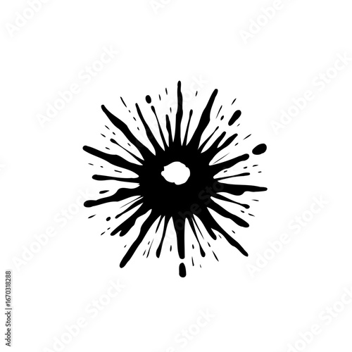 Monochrome burst ink blot vector illustration with radial lines emanating from central void for