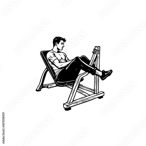 Monochrome illustration of a focused man performing leg presses for strength training exercising