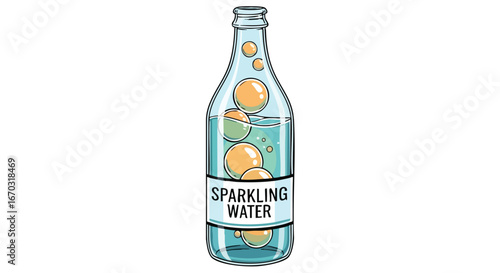 Bottle of sparkling water with bubbles, isolated on white background.
