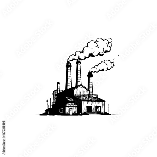 Monochrome industrial complex spewing smoke, showcasing infrastructure and the environmental