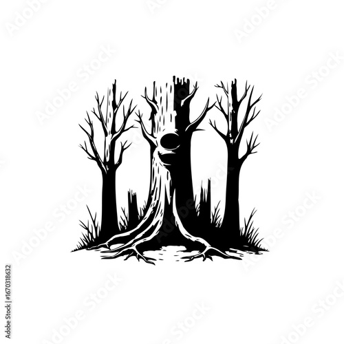 Monochrome stylized trees illustration presents a somber woodland scene creating a mysterious dark