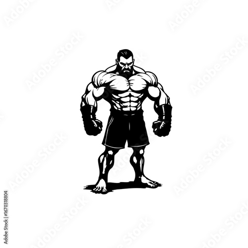 Powerful monochrome illustration of a muscular fighter ready for action showcases determination