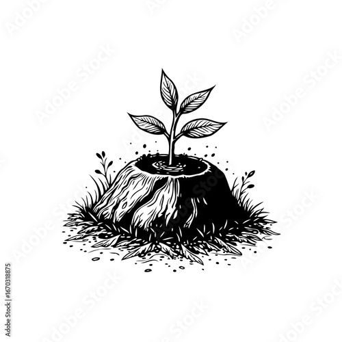 Resilience in Nature: A Young Sapling Emerges from an Old Tree Stump in Monochrome Art