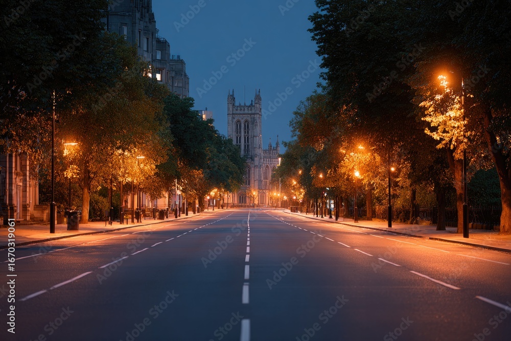 Obraz premium Quiet street illuminated by warm streetlights, creating serene e