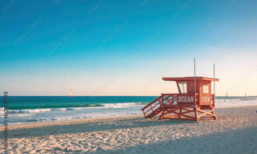 Obraz premium Red lifeguard stand on a sandy beach, ocean view