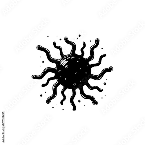Stylized depiction of a viral pathogen showcasing tentacle like structures in monochrome design