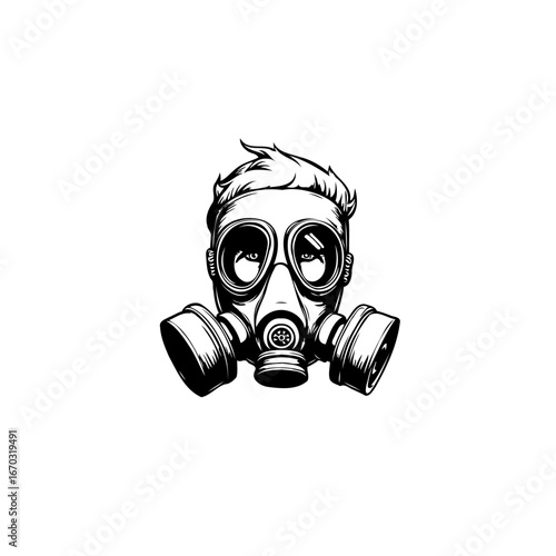 Stylized illustration of a person wearing a gas mask artistic monochrome depiction conveys
