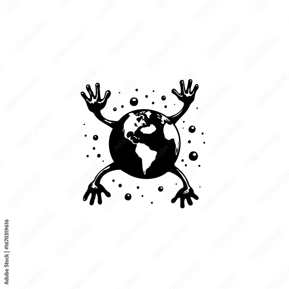 Obraz premium Stylized representation of planet earth with extended limbs reaching out amid cosmic specks