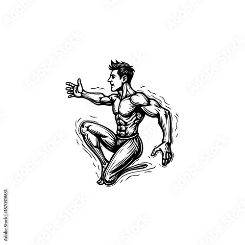 Stylized rendering of a muscular male figure poised mid-air with artistic visual elements and