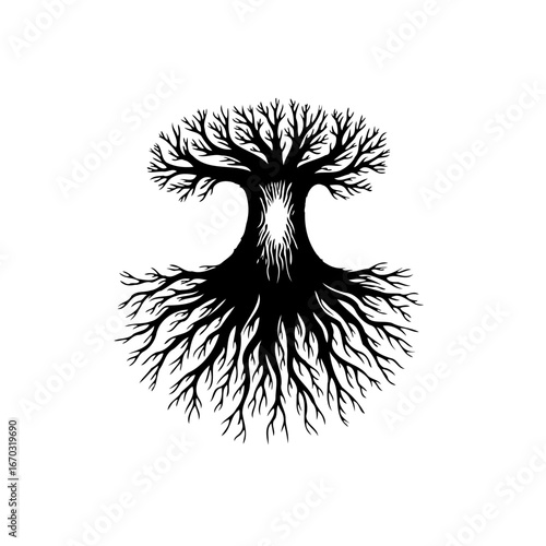 Symbolic arboreal representation showcasing interconnected roots and branches evoking concepts of
