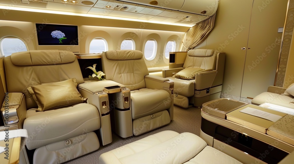 © ting - Luxurious First Class Travel Experience Backgrounds: Elegant Designs Showcasing Spacious Seats, Premium Amenity Kits, Fine Dining Platters, and Soft Ambient Lighting, Blended with Neutral Tones and So © ting - Luxurious First Class Travel Experience Backgrounds: Elegant Designs Showcasing Spacious Seats, Premium Amenity Kits, Fine Dining Platters, and Soft Ambient Lighting, Blended with Neutral Tones and So