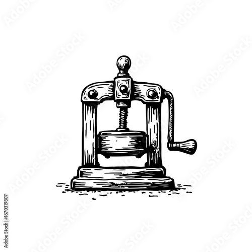 Vintage mechanical screw press illustration for olive oil extraction an age-old pressing technique
