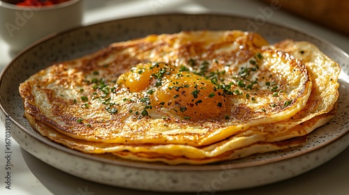Wallpaper Mural Delicious golden fried eggs over pancakes with fresh herbs served on a rustic plate photo Torontodigital.ca