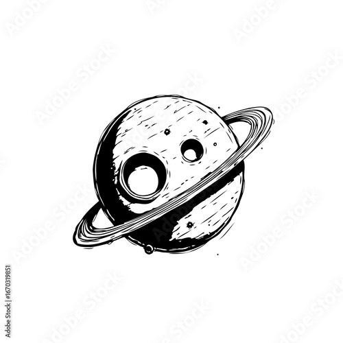 Whimsical astronomical illustration featuring a ringed planet with craters against a pristine