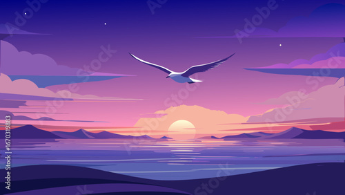 A lone seagull glides across soft violet twilight, ocean below shimmering with fading light. Its silhouette becomes a moving brushstroke against a sky dissolving into stars and endless mystery.