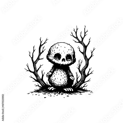 Whimsical ink illustration portraying a mysterious creature nestled amidst barren trees with eerie