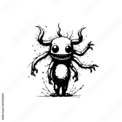 Whimsical ink illustration of a grinning creature with multiple limbs and playful spiky details