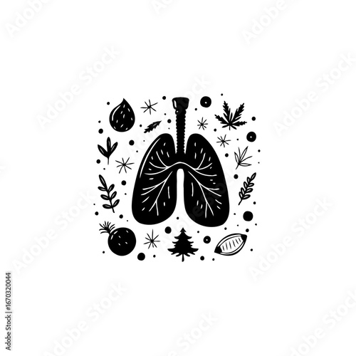 Whimsical lung illustration surrounded by natural elements reflecting respiratory health and