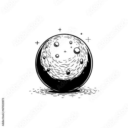 Whimsical planet illustration with cratered surface in space radiating unique charm in sketch