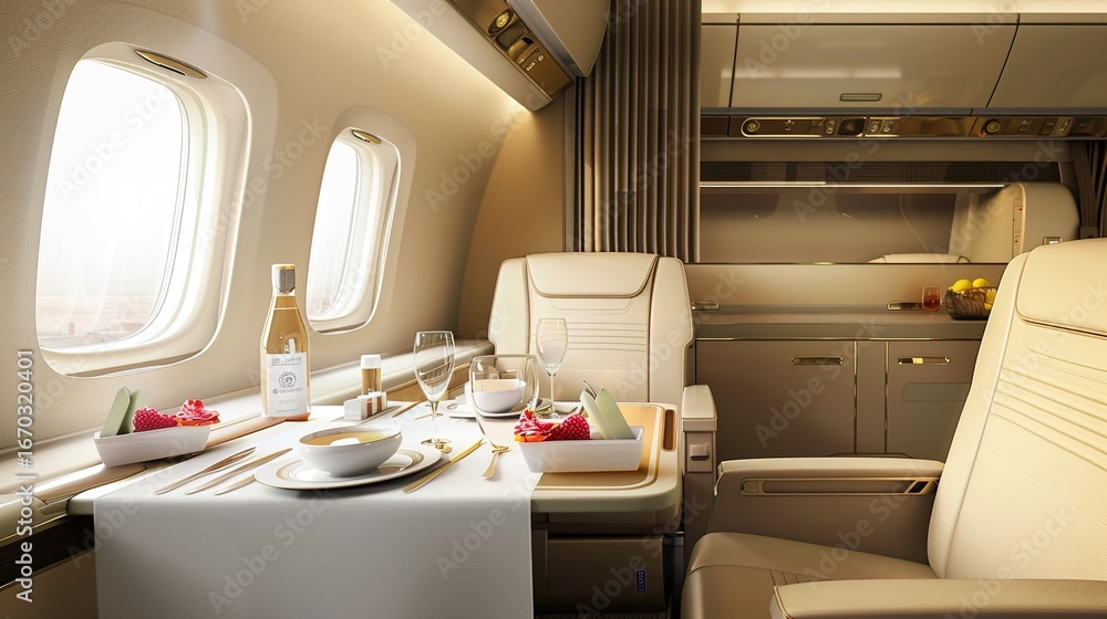 Fototapeta premium Luxurious First Class Travel Experience Backgrounds: Elegant Designs Showcasing Spacious Seats, Premium Amenity Kits, Fine Dining Platters, and Soft Ambient Lighting, Blended with Neutral Tones and So
