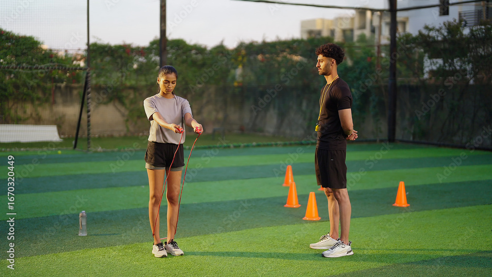 Obraz premium Indian young adult gen z woman lady jump on skip rope work out for weight lose. fit man gym trainer male guy coach watch sports female girl do daily health care learn good habit game garden place area