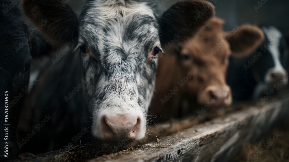 Fototapeta premium Cattle gathered around a feeding trough in a rural setting