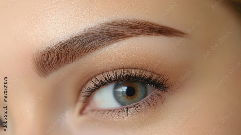 Obraz premium Close-up of a woman's eyes with well-defined eyebrows, full lashes, and smooth skin, highlighting meticulous grooming. Concept of beauty, eyebrow shaping kit, grooming and natural brow look.