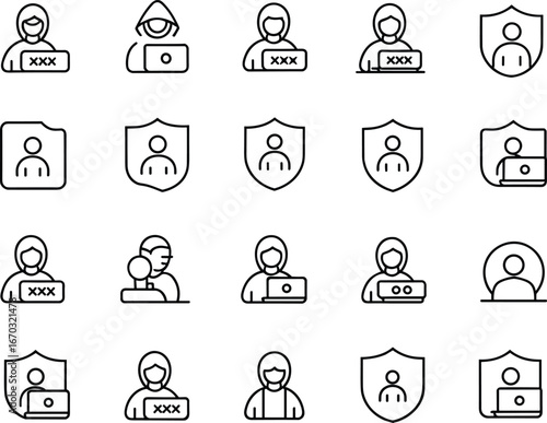 Cybersecurity hacker icons, user privacy protection symbols, shield with profile, online security, digital identity, data protection, hacking concept, computer safety, malware prevention