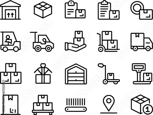Black and white logistics, warehouse, shipping, supply chain, inventory management, transportation, packaging, forklift, delivery truck, cargo, pallet jack, barcode, checklist vector