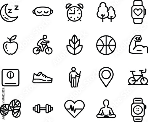 Health and Fitness Icon Set, Black and White Vector, Wellness and Lifestyle Symbols, Exercise and Nutrition Graphics, Mindfulness and Outdoor Activity Line Illustration