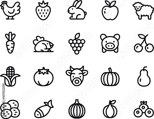 Farm animals and fresh produce icon set, black and white outline drawings, simple cartoon style, agriculture and food vector illustration, educational design